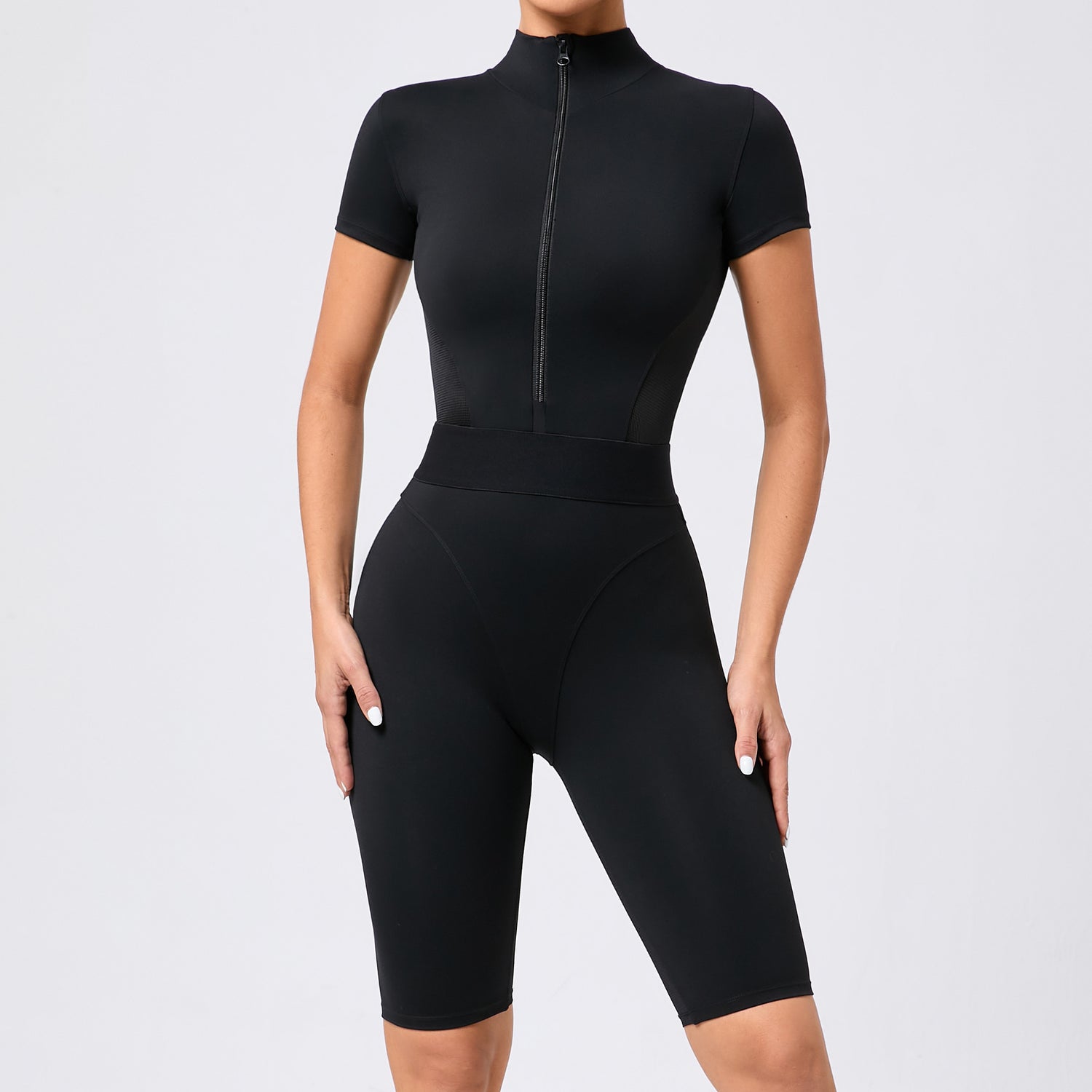 Tight Waist Open Collar Zipper Short Sleeve Yoga Jumpsuit