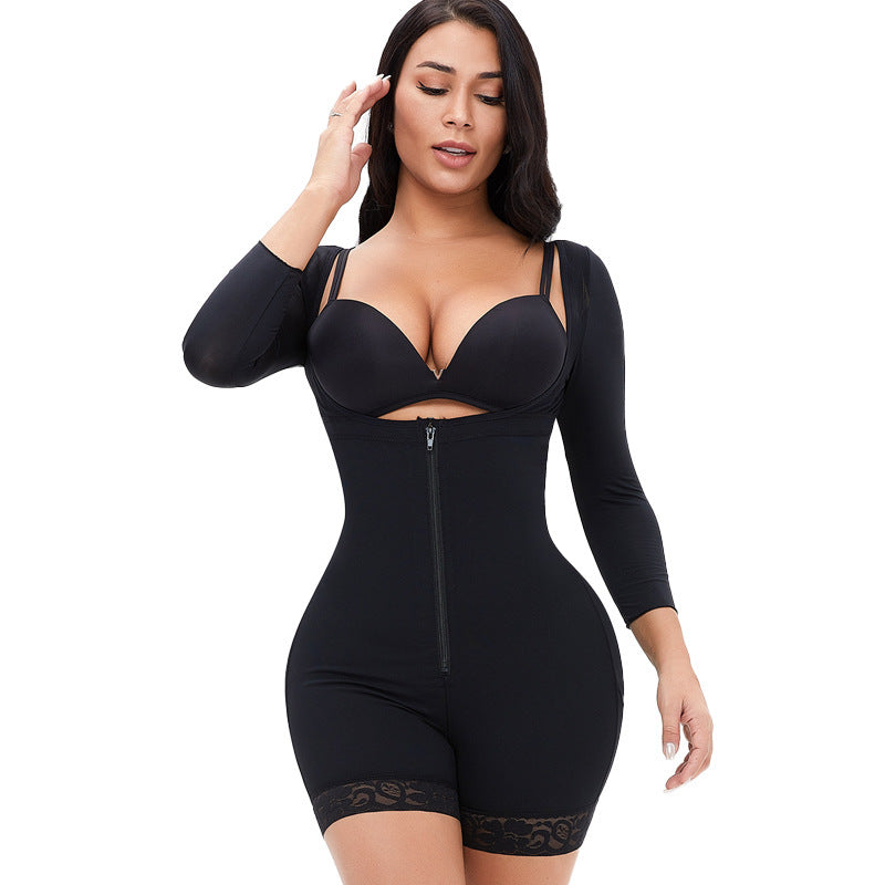 Plus-size Breasted Shapebody Onesie High Waist Long Sleeve Shorts
