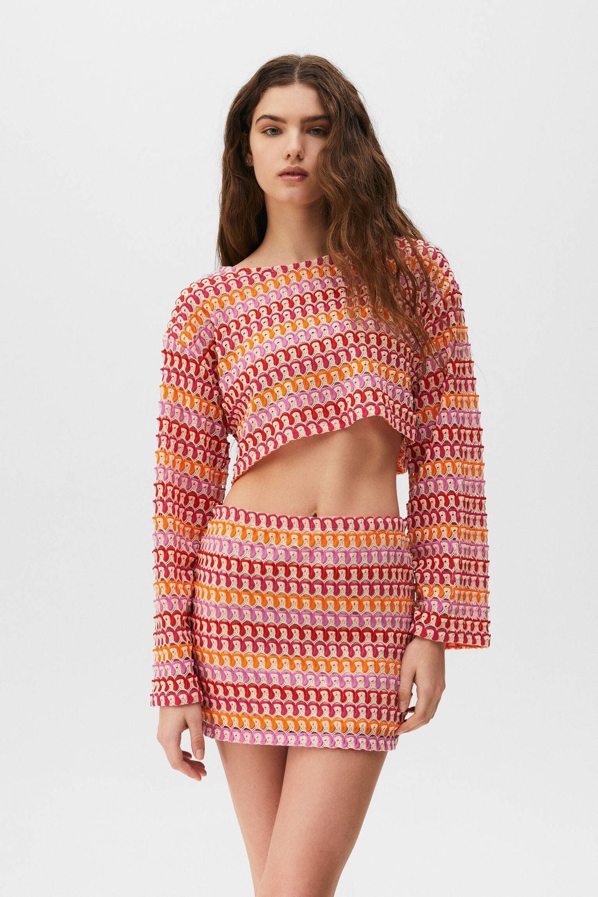 Lace Midriff Outfit Bell Sleeve Top Hip Skirt Suit HY120