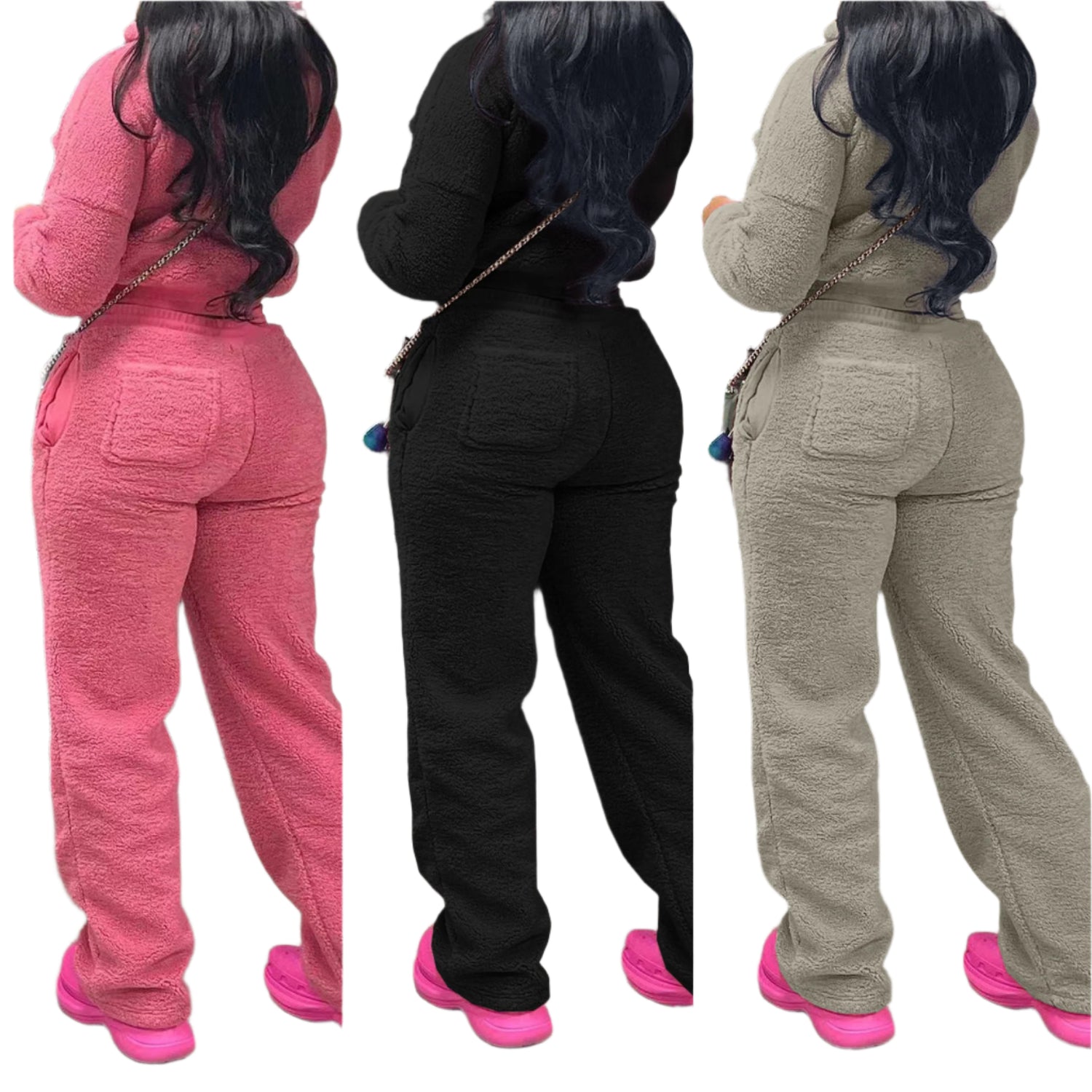 Matching Fleece Long Sleeve Crop Top and Pants Set