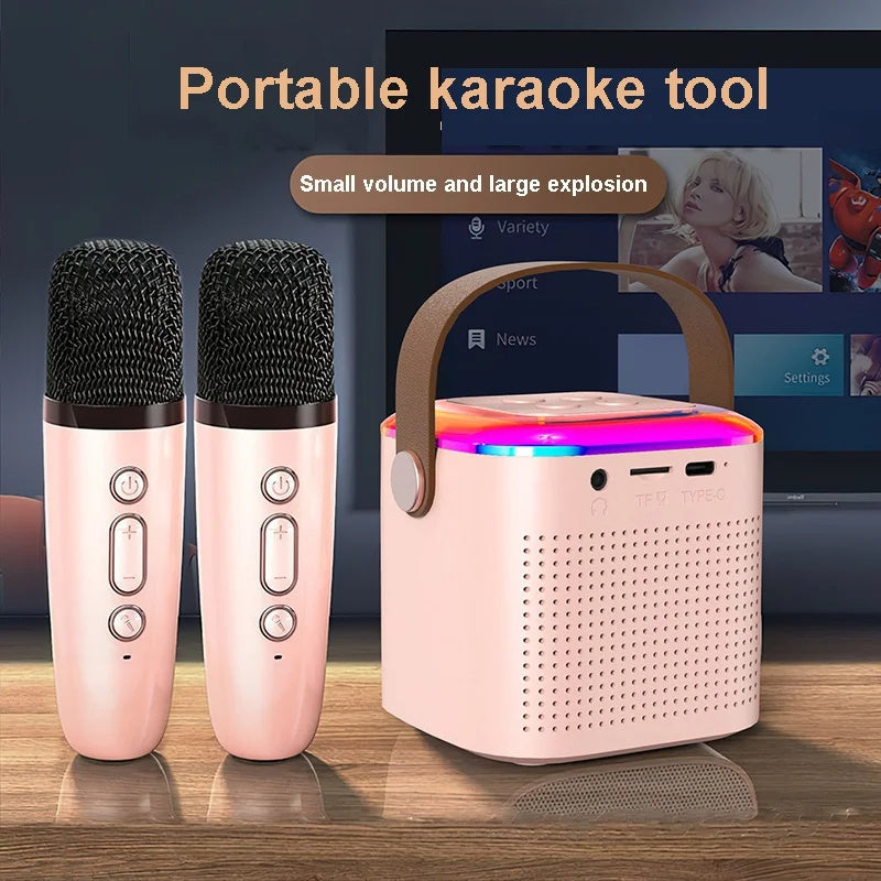 Microphone Karaoke Machine Bluetooth-compatible Speaker with 2 Wireless Mic RGB Light Entertainment Singing Speaker