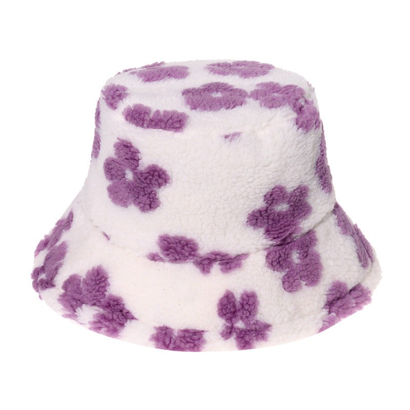 Lamb Wool Floral Fisherman Hat Women With Printed Warm