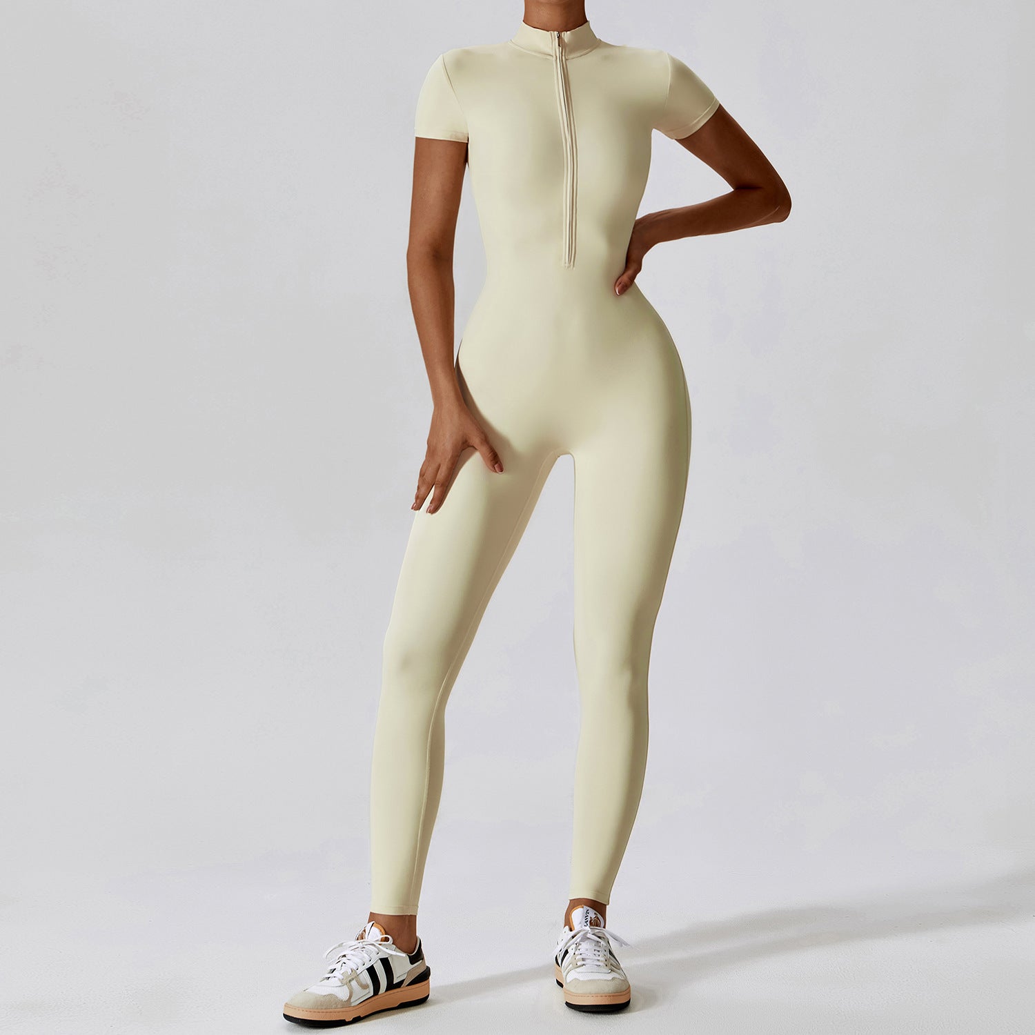 Short Sleeve Nude Feel Yoga Zipper Jumpsuit