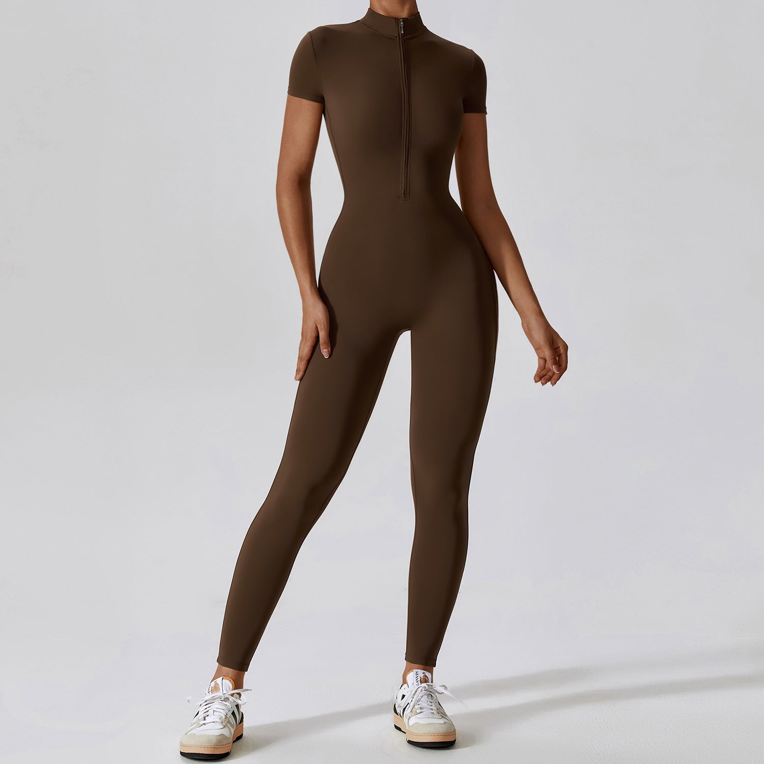 Short Sleeve Nude Feel Yoga Zipper Jumpsuit