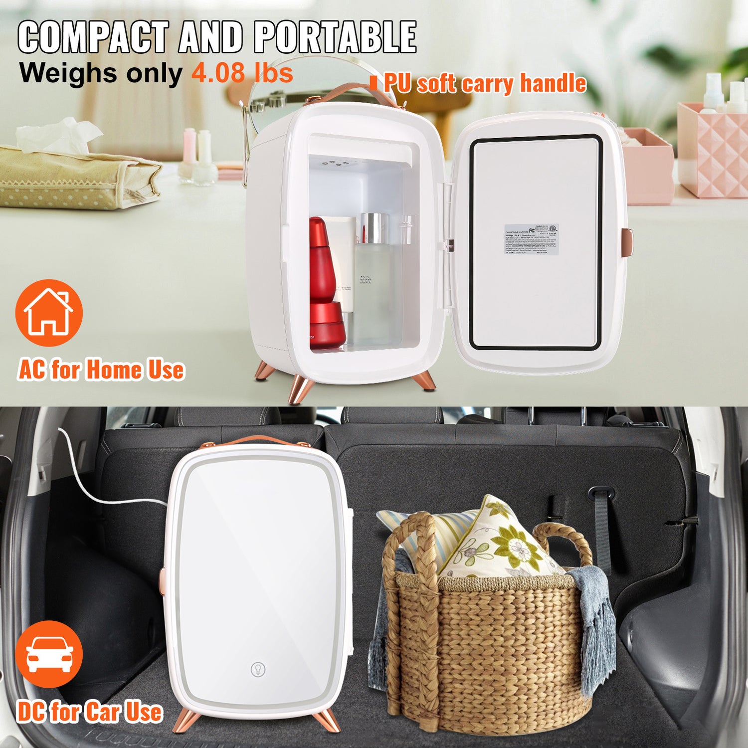 Vevor White Mini Fridge For Bedroom, 6L Luxury Skin Care Fridges With Mirror And LED Light, AC DC Cosmetic Fridge For Office Dorm Car, Small Makeup Refrigerator For Beauty Face Mask Beverage Chill, White