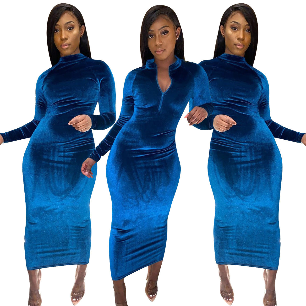 Velvet Maxi Mock Collar Zipper Dress