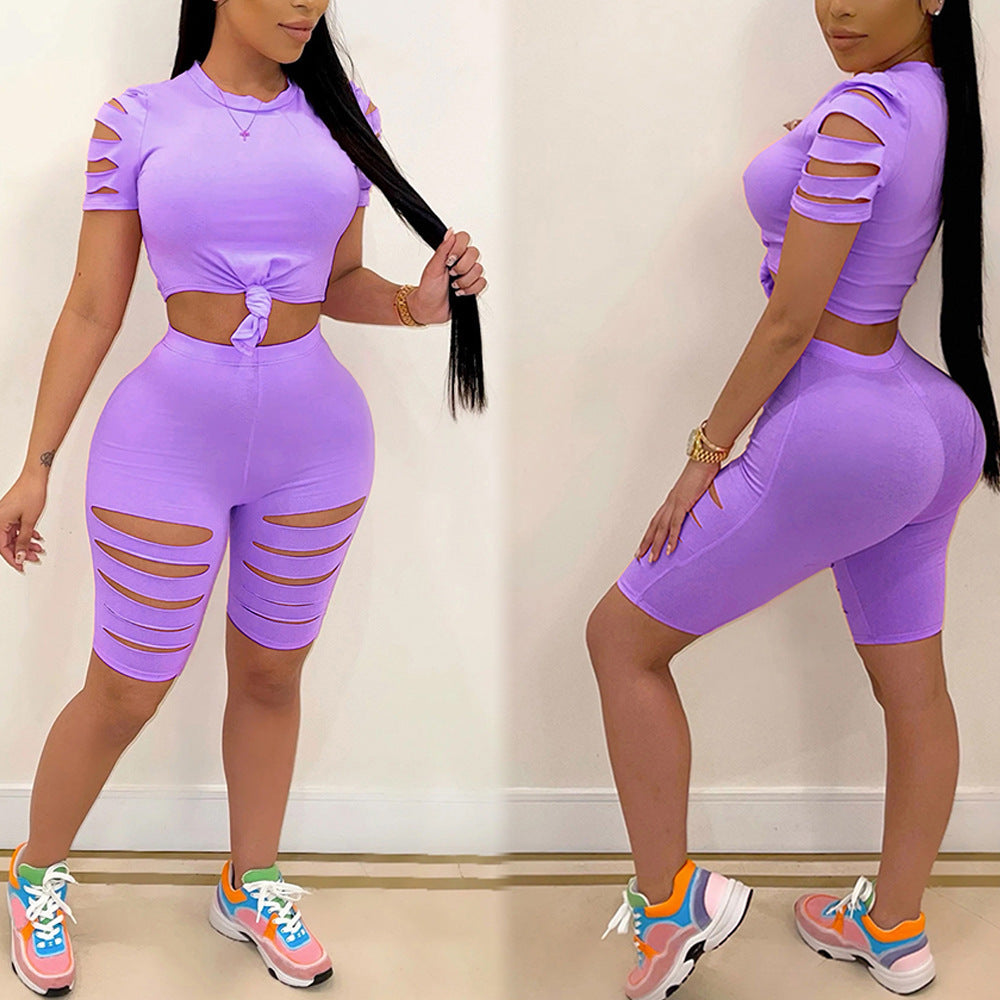 Women's Fashion Casual Two-Piece Set Ripped Tie Waist Tee and Bike Short