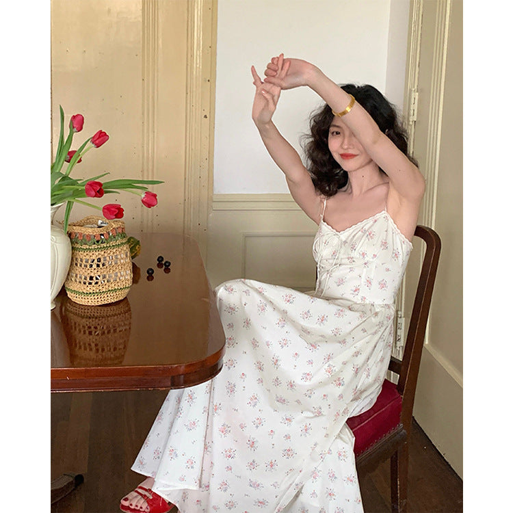 Retro Lace V-neck Suspender Skirt Waist Slimming Mid-length