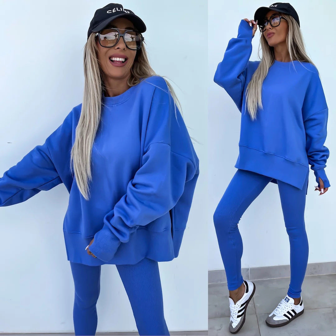 2pcs Casual Loose Long Sleeve Crew Neck Split Top and Leggings Set