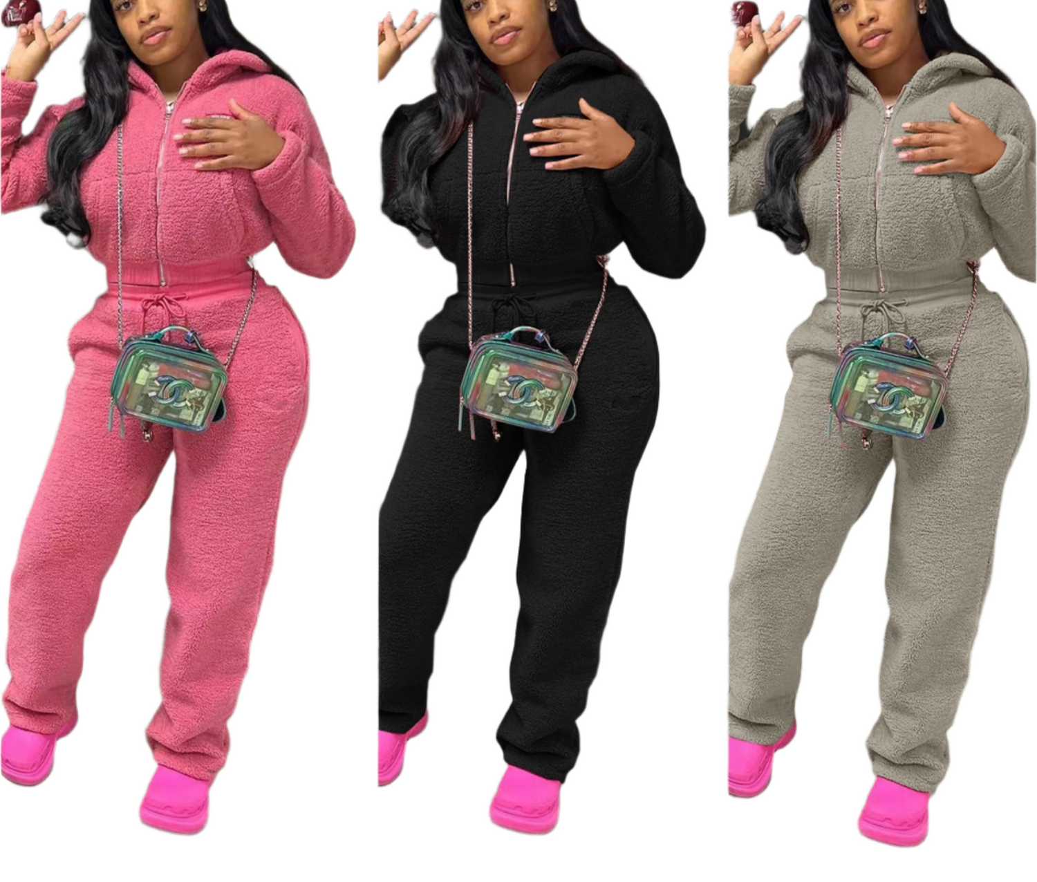 Matching Fleece Long Sleeve Crop Top and Pants Set