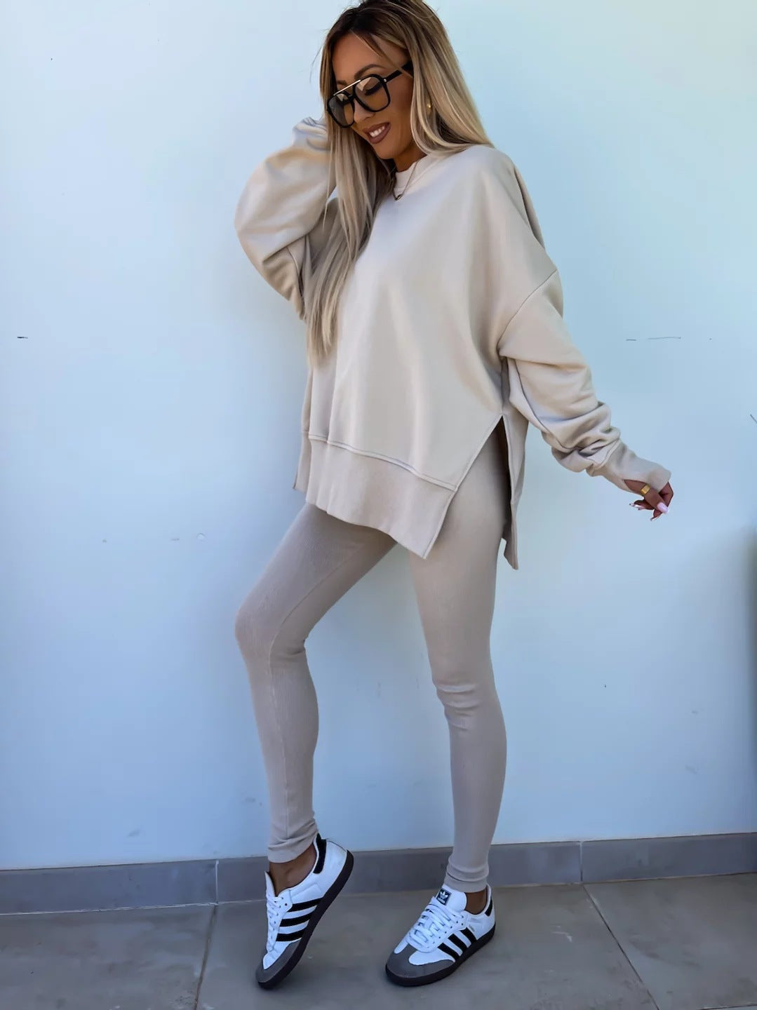 2pcs Casual Loose Long Sleeve Crew Neck Split Top and Leggings Set