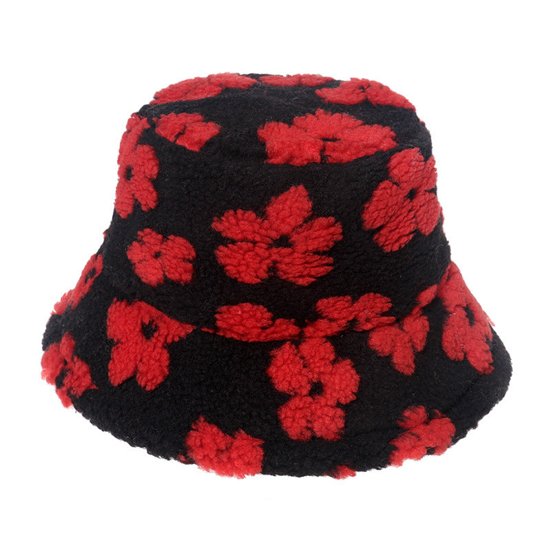 Lamb Wool Floral Fisherman Hat Women With Printed Warm
