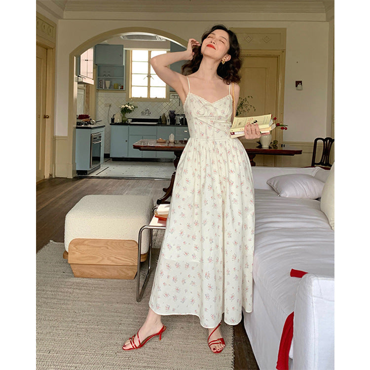 Retro Lace V-neck Suspender Skirt Waist Slimming Mid-length