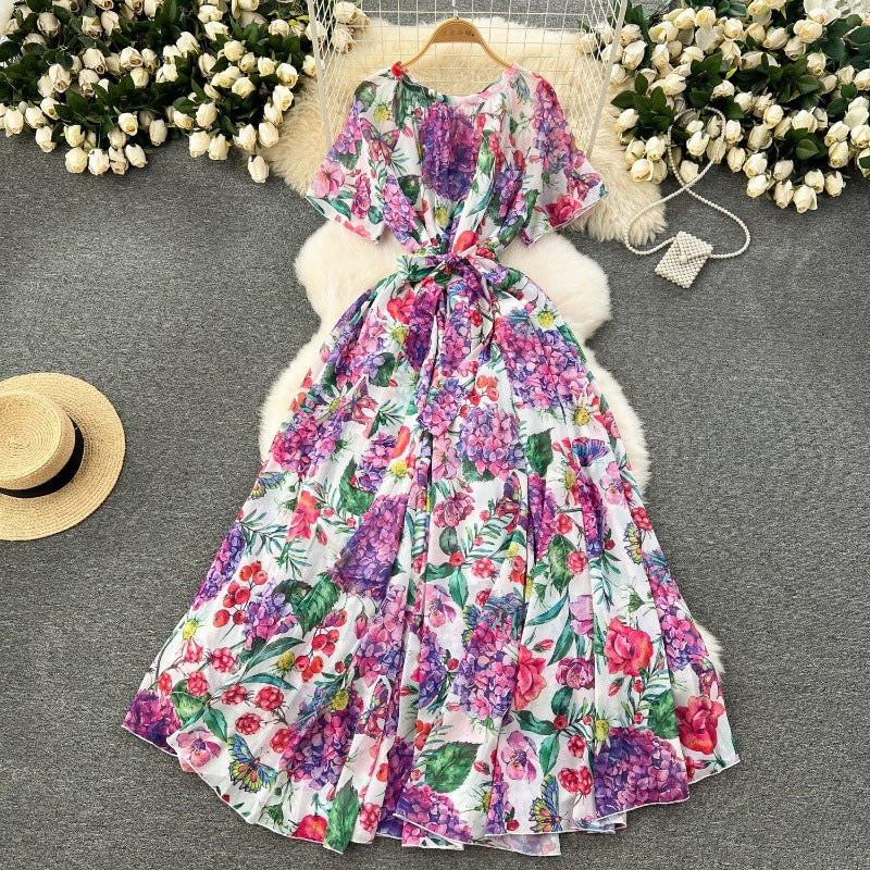 Printed Lace Up Waist-tight Dress