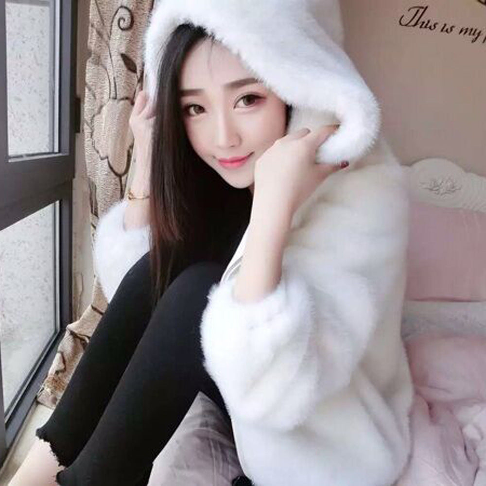 Autumn and winter new Korean version of the rabbit fur grass short female imitation mink loose plush hooded thick coat