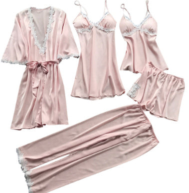 Lace-Trim Satin Nightwear 5-Pc Set