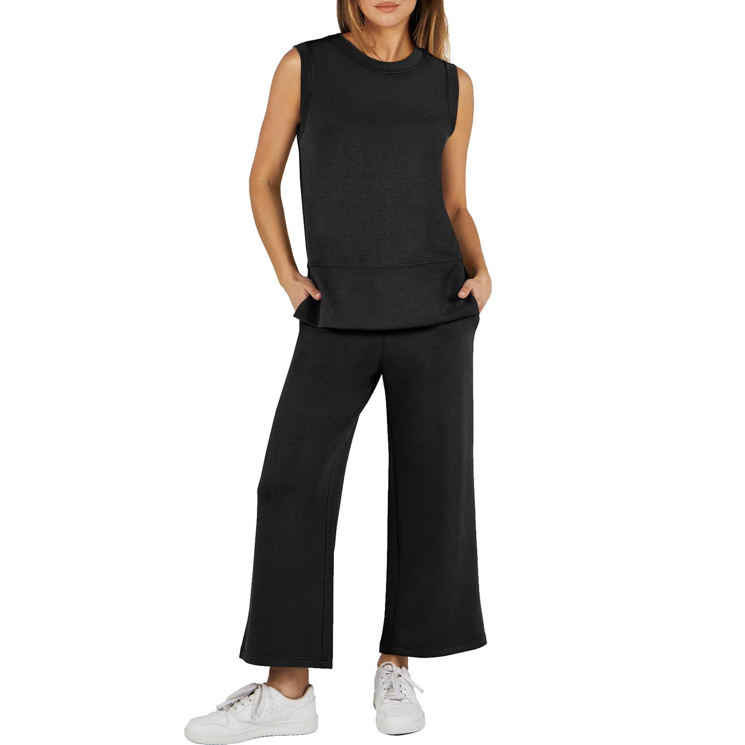 Ladies Slit Hemline At Hem Design Sleeveless Round Neck Loose Straight Women's Blouse And Pants