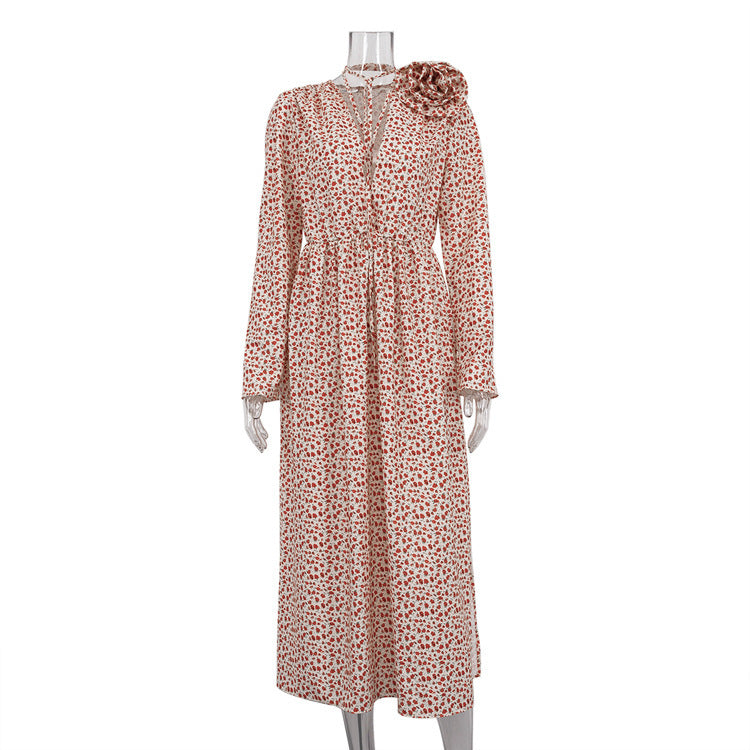 Sexy Deep V-neck Lace-up Waist Side Slit Floral Dress