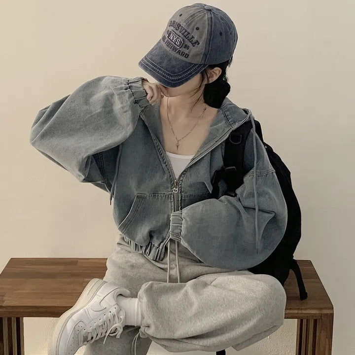 Retro Zipper All-matching Loose Casual Long Sleeve Hooded Short Denim Coat For Women