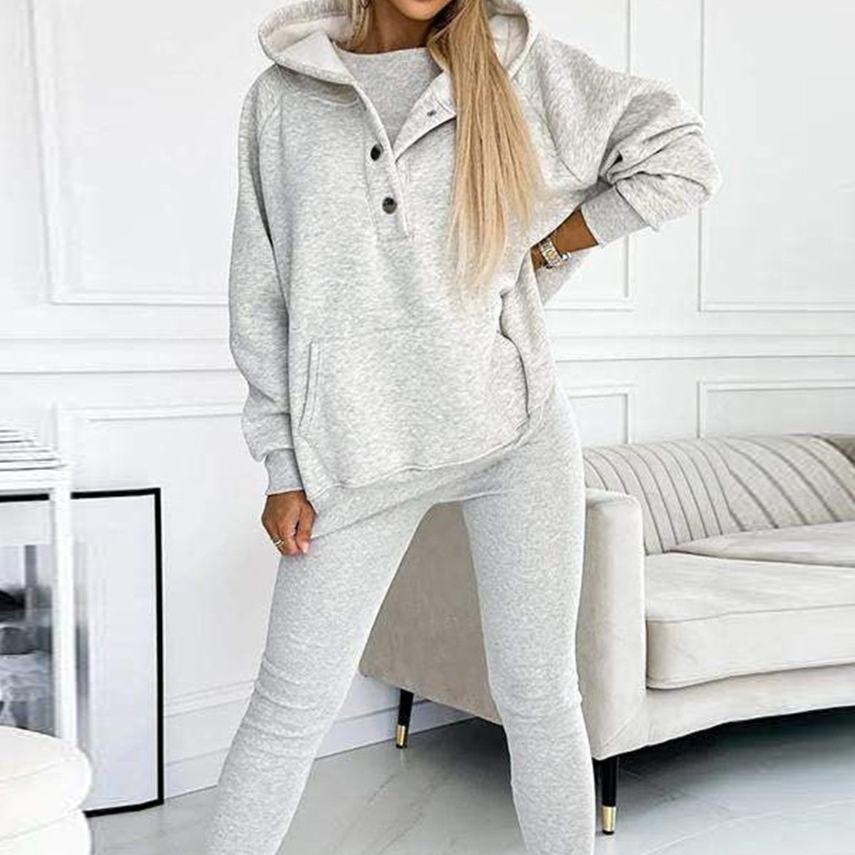 3-Piece Women's Sports Suit - Loose Hooded Sweatshirt, Fitted Tank Top, Slim Pant Leggings