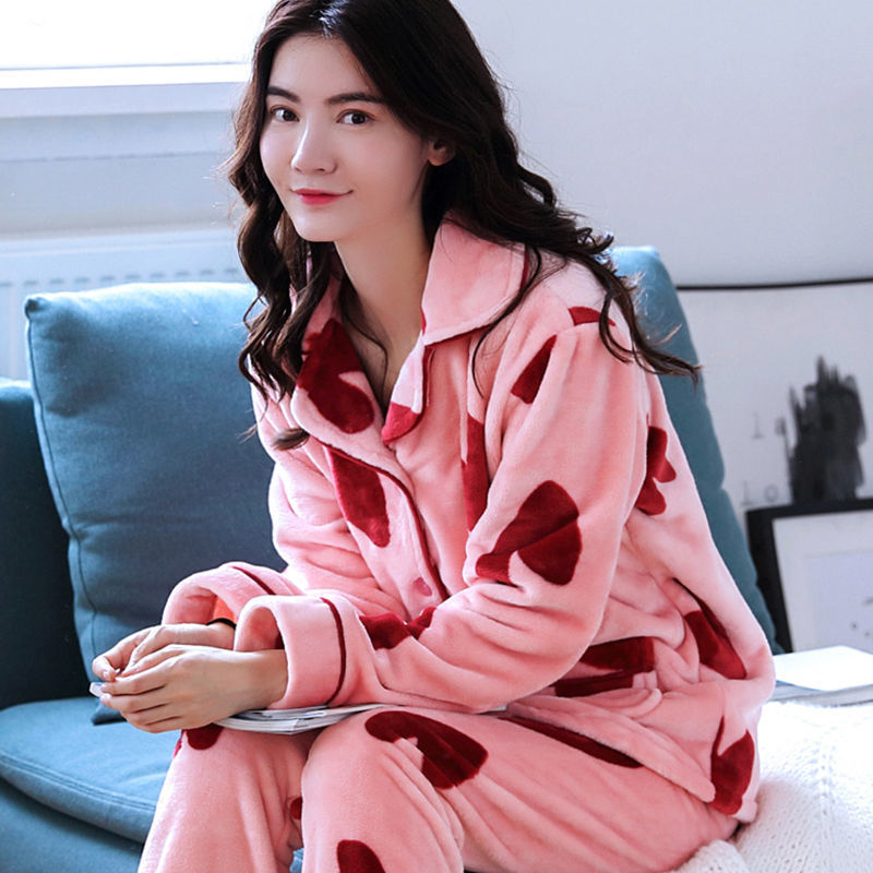 Women's Long Sleeved Thick Flannel Pajamas