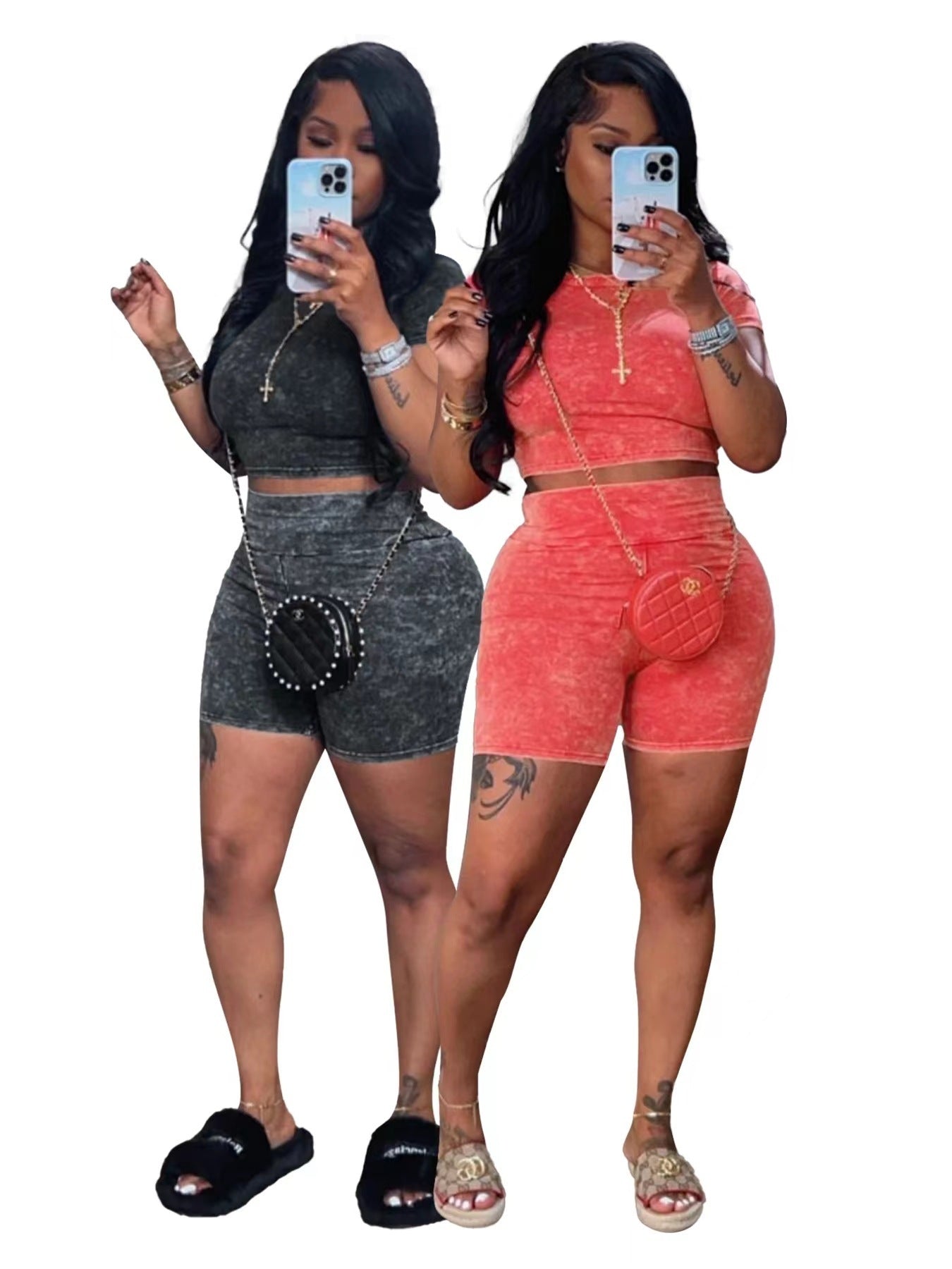 Women's Sunken Stripe Short-sleeved Shorts Wash High Waist Two-piece Suit