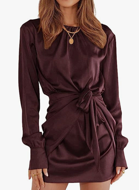 Women's Satin Long Sleeve Round Neck Tied Elegant Cocktail Party Dress