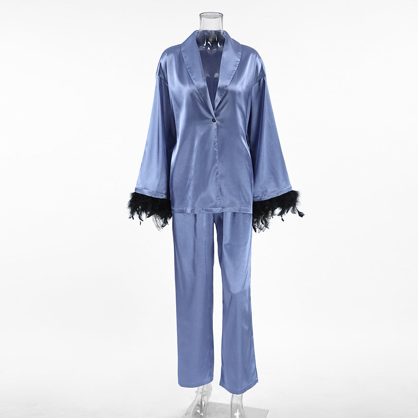 Satin Pajamas Long Sleeve Feather Cardigan Two-piece Set