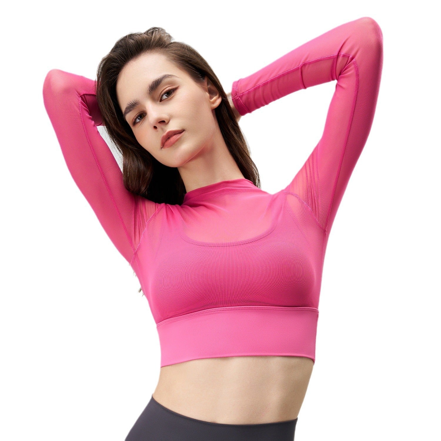 Exercise Mesh Slimming T-shirt Women's Summer Round Neck Quick-drying Long Sleeve Sexy Thin Long Sleeve Yoga Clothing Top