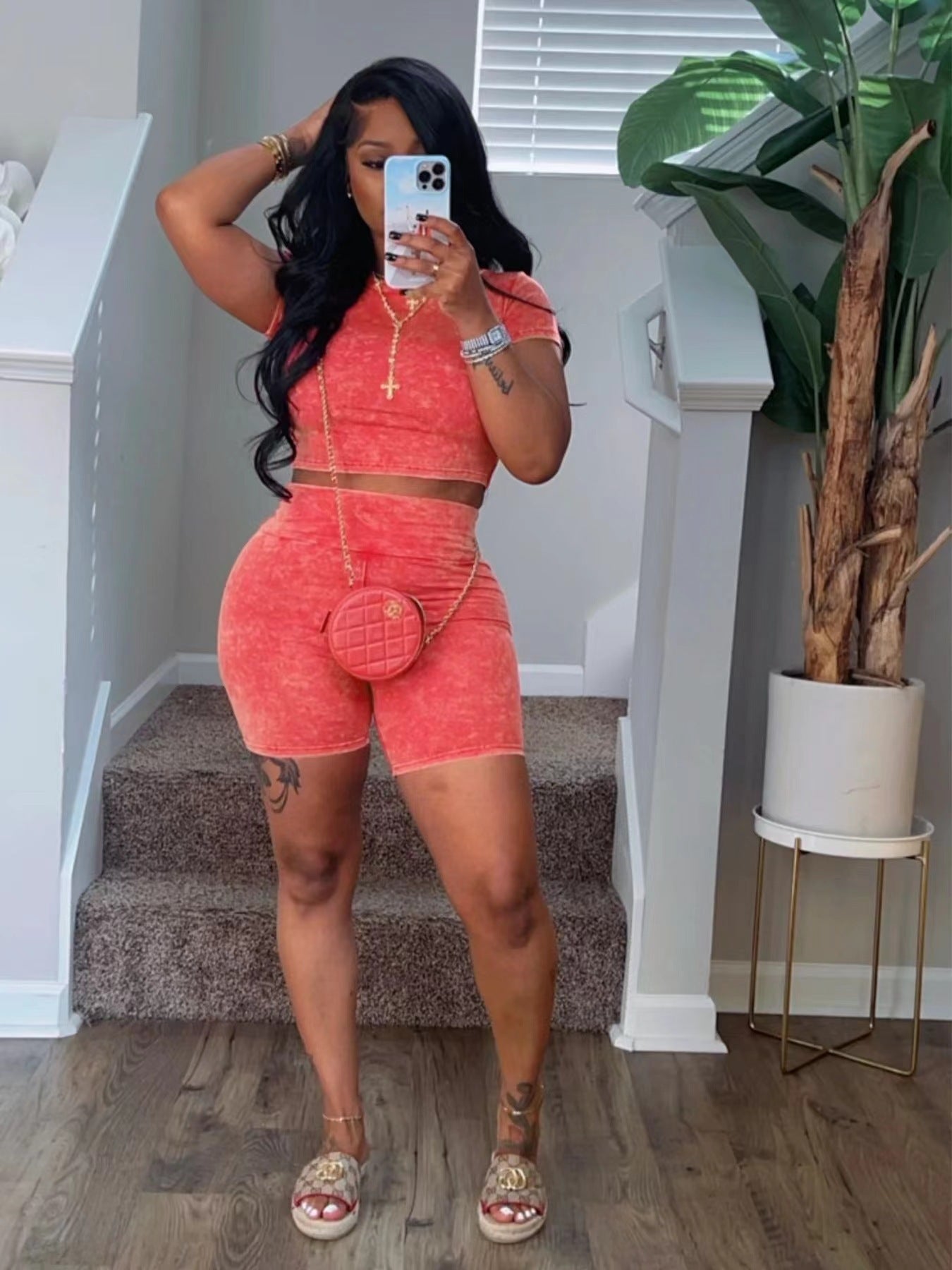 Women's Sunken Stripe Short-sleeved Shorts Wash High Waist Two-piece Suit