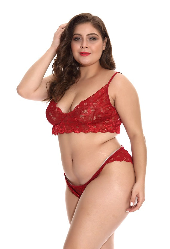 2pc Red Lace Sexy Lingerie Set Plus Size