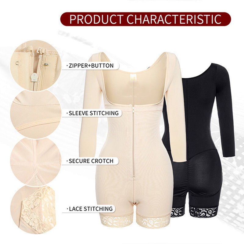 Plus-size Breasted Shapebody Onesie High Waist Long Sleeve Shorts