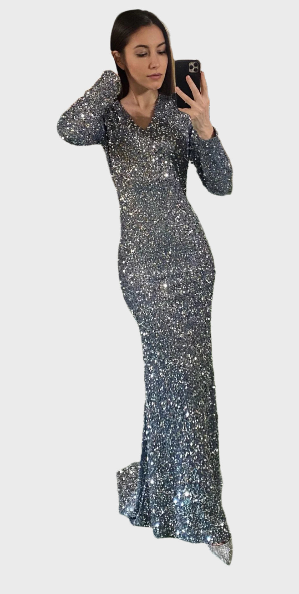 Grey Long Sleeve Sequin Evening Dress