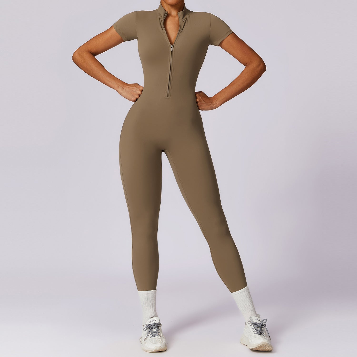 Short Sleeve Nude Feel Yoga Zipper Jumpsuit