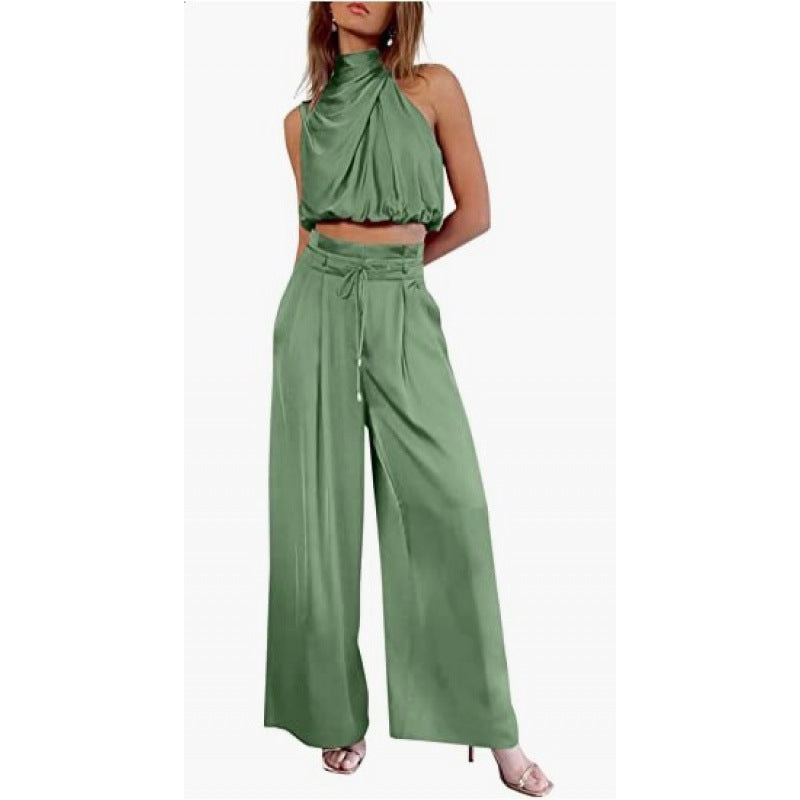 Women's Summer Sets Casual Sleeveless Midriff-baring Top & Wide Leg Pants 2pcs Set