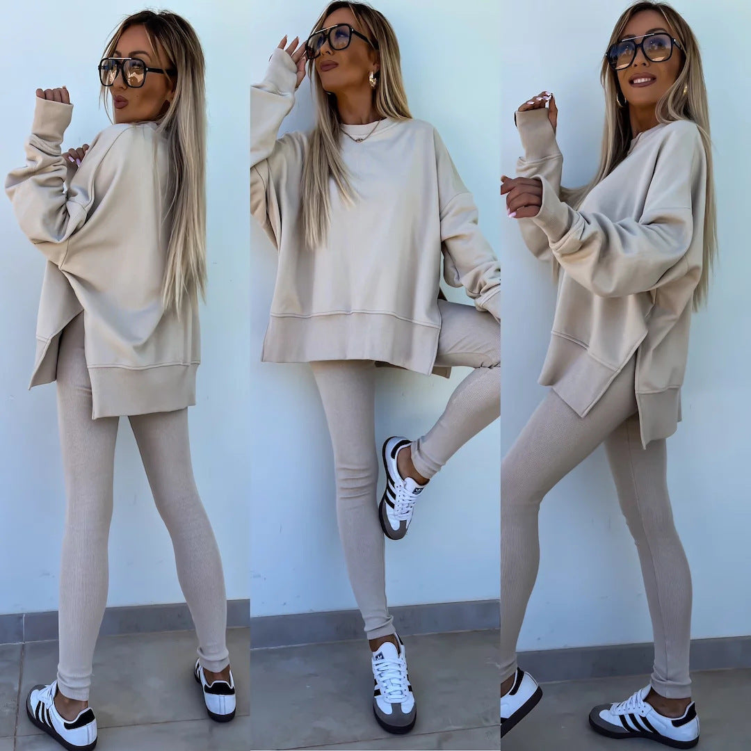 2pcs Casual Loose Long Sleeve Crew Neck Split Top and Leggings Set