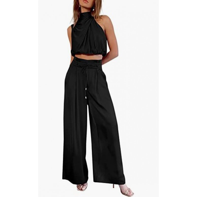 Women's Summer Sets Casual Sleeveless Midriff-baring Top & Wide Leg Pants 2pcs Set