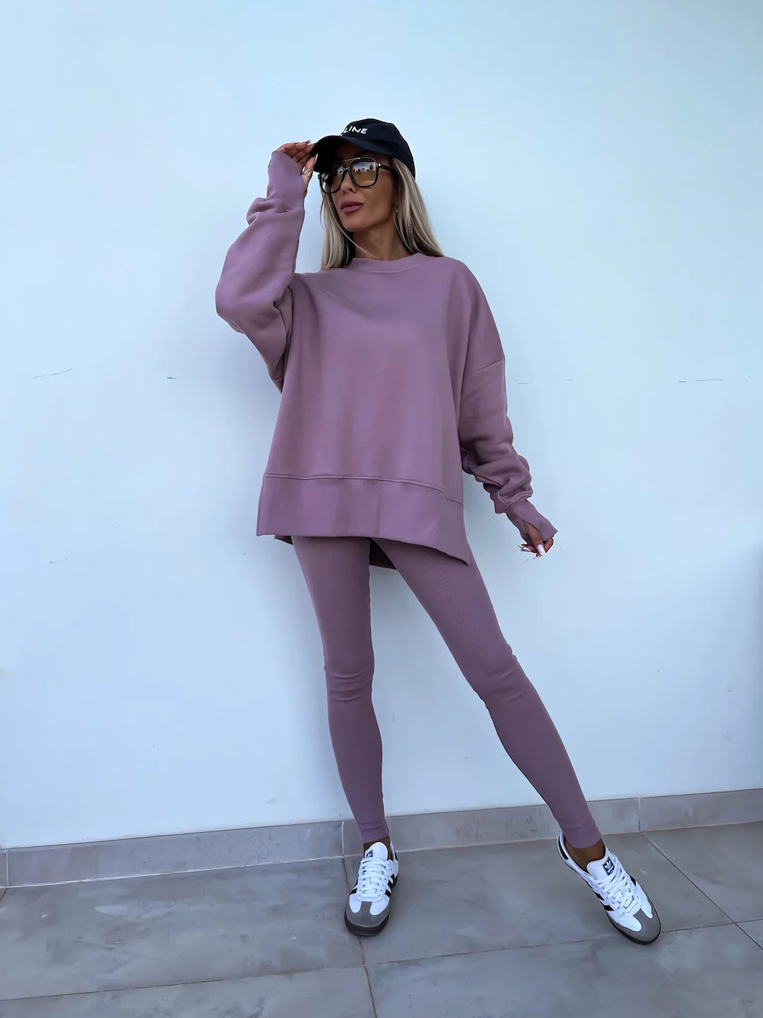 2pcs Casual Loose Long Sleeve Crew Neck Split Top and Leggings Set