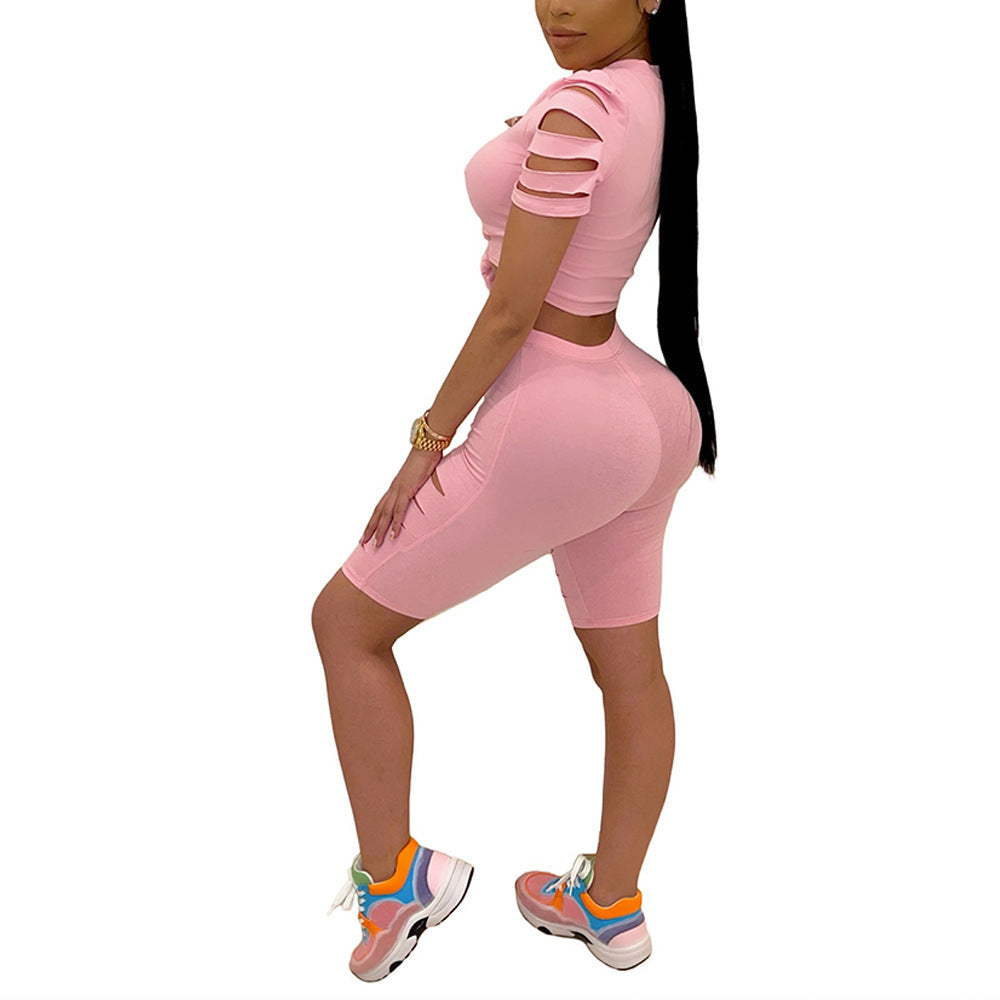 Women's Fashion Casual Two-Piece Set Ripped Tie Waist Tee and Bike Short