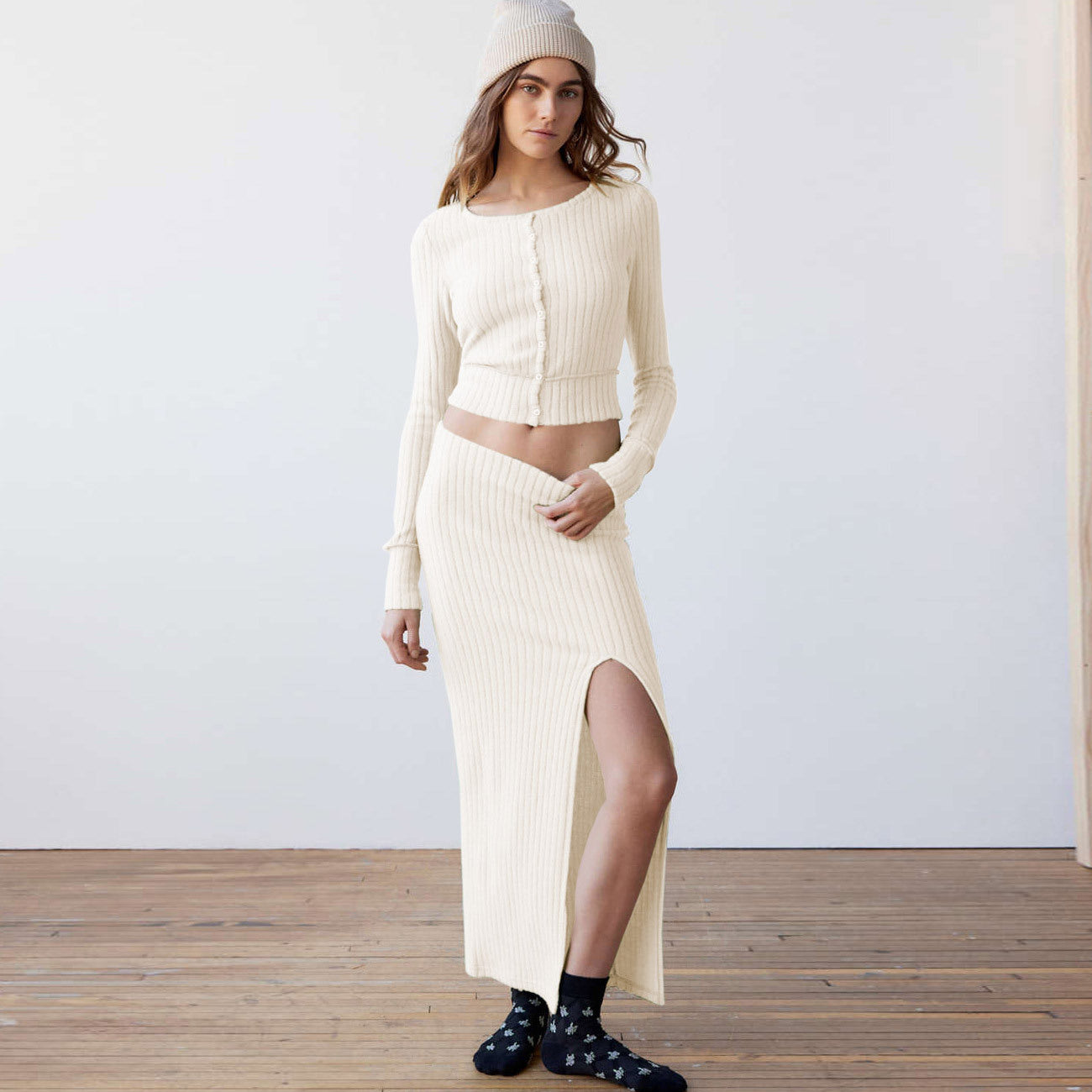 Long-sleeve Top & Maxi Split Skirt Set