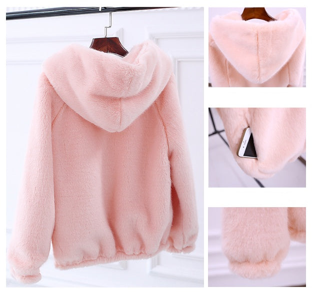 Autumn and winter new Korean version of the rabbit fur grass short female imitation mink loose plush hooded thick coat