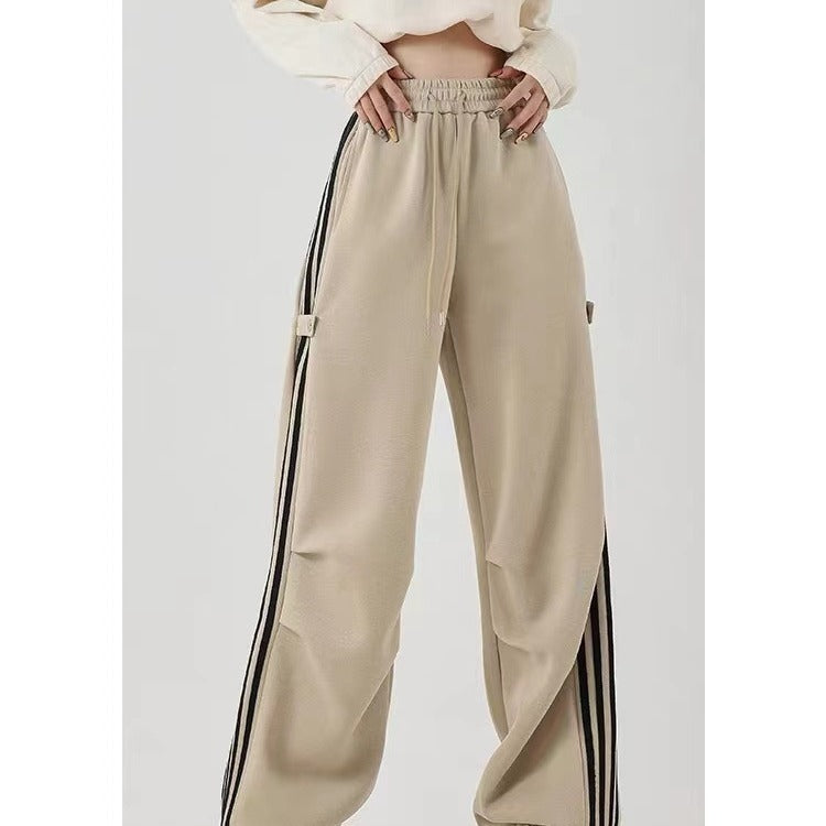 Side Stripe Cotton Blend Wide-leg Baggy Pants Korean Casual