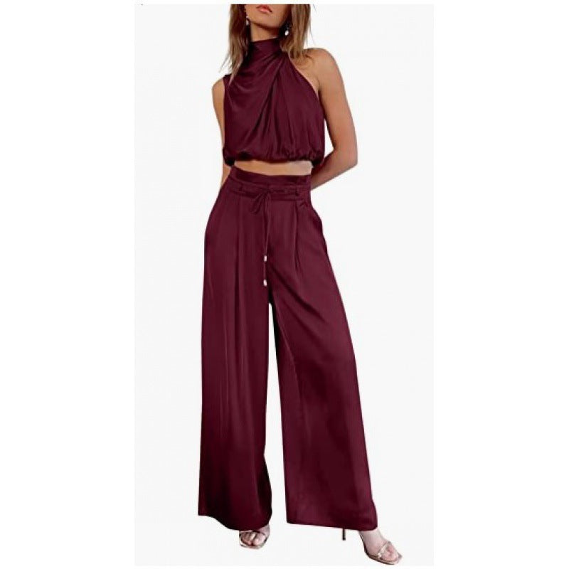 Women's Summer Sets Casual Sleeveless Midriff-baring Top & Wide Leg Pants 2pcs Set