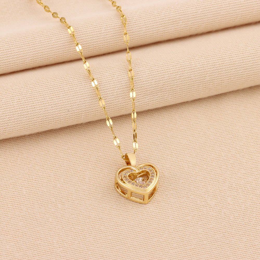 Double-Plated Stacked Love Heart Necklace with Rhinestones