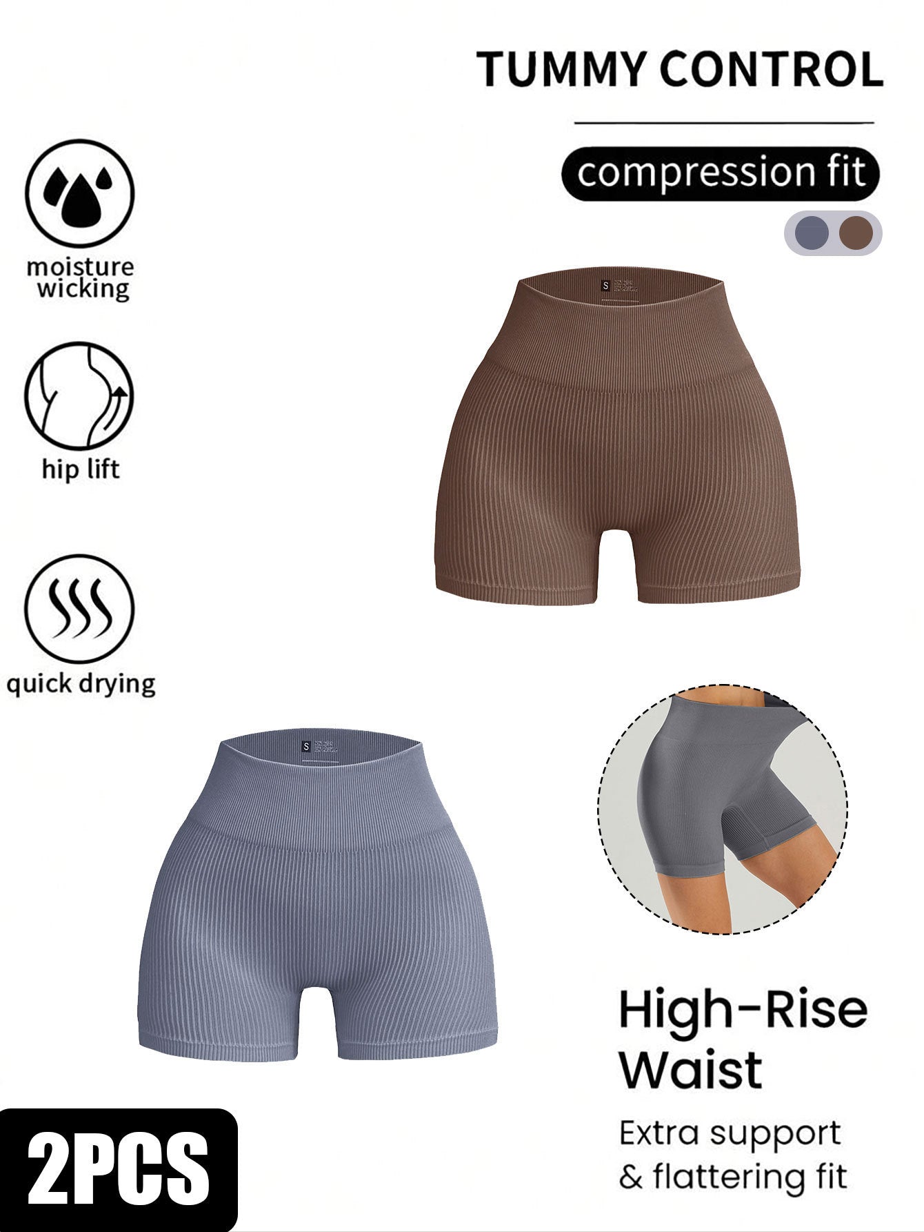 2 Pack Women's High Waist Solid Color Ribbed Seamless Biker Shorts Yoga Workout Shorts