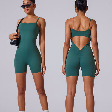 Thin Shoulder Vest Shorts Jumpsuit Back Hollow V Waist Pleated Yoga Jumpsuit