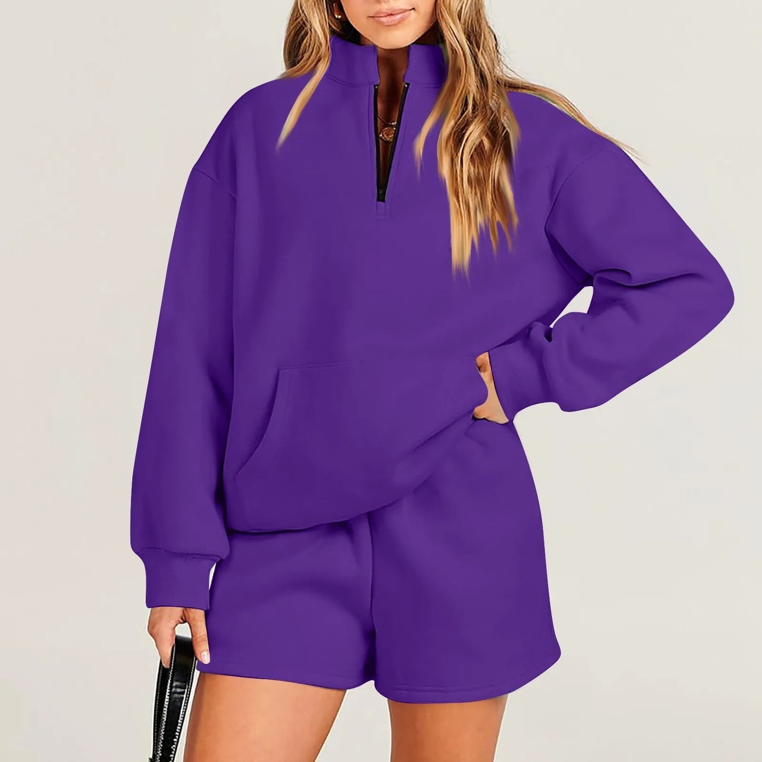 Women's Fashion Solid Color Stand Collar Half Zip Pullover Long Sleeve Sweater Shorts Suit