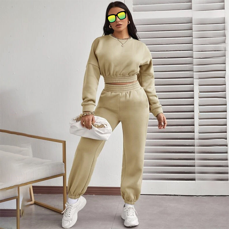 Two-piece Casual Fashion Long-sleeved Umbilical Blouse Abdomen Trousers And Fleece Sweater