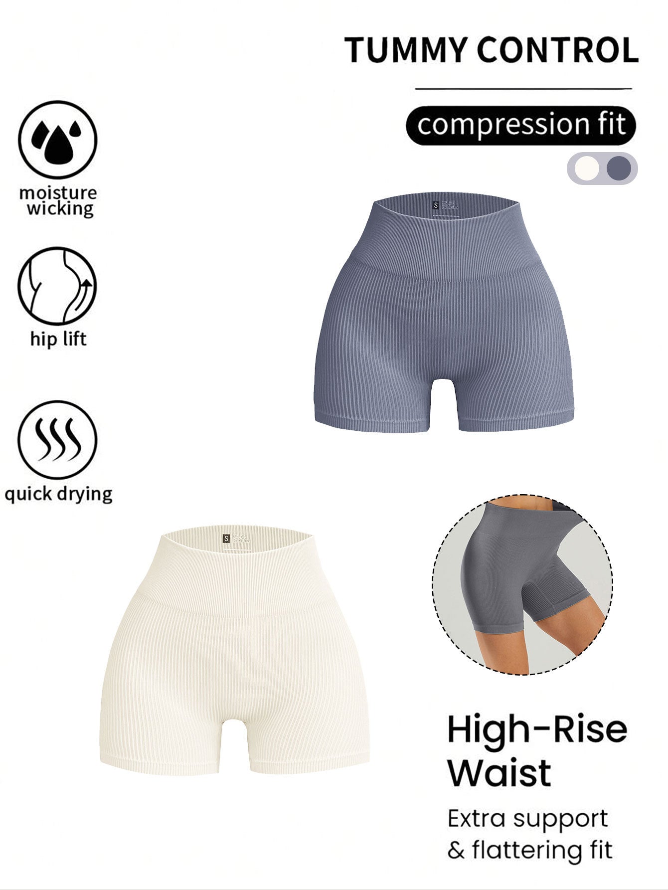 2 Pack Women's High Waist Solid Color Ribbed Seamless Biker Shorts Yoga Workout Shorts