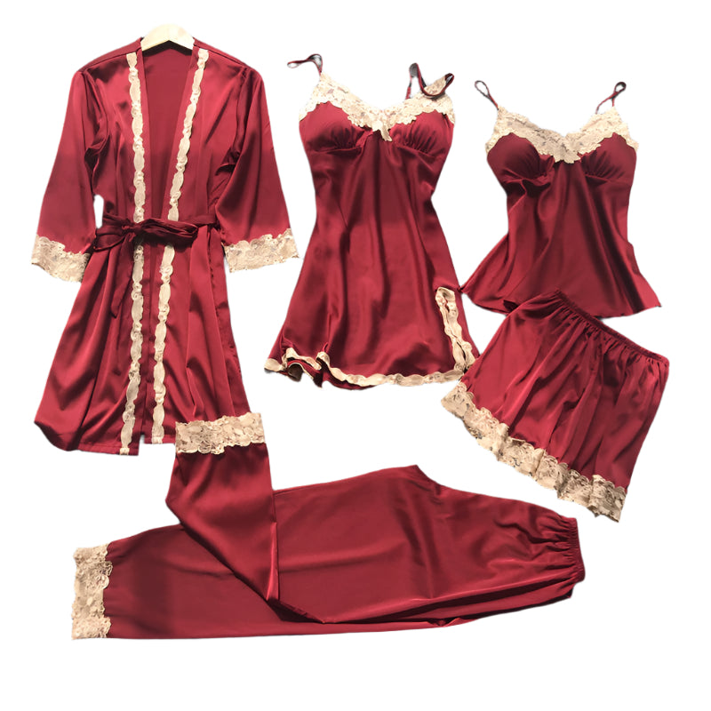 5-Piece Lace Trim Sleepwear Set: Nightgown, Cami, Shorts, Pants, Robe